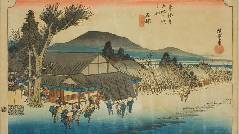 Ishibe: Megawa Village (Ishibe, Megawa no sato), from the series "Fifty-three Stations of the Tokaido (Tokaido gojusan tsugi no uchi)," also known as the Hoeido Tokaido by Utagawa Hiroshige