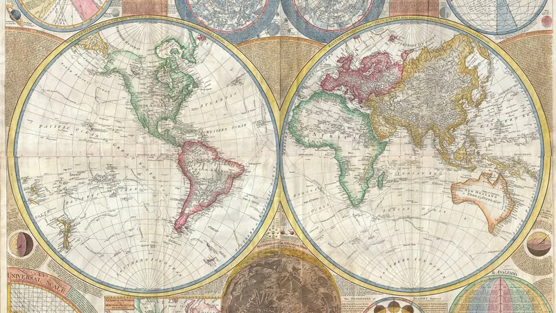 A General Map of the World, or Terraqueous Globe with all the New Discoveries and Marginal Delineations, Containing the Most Interesting Particulars in the Solar, Starry and Mundane System . by Thomas Kitchin