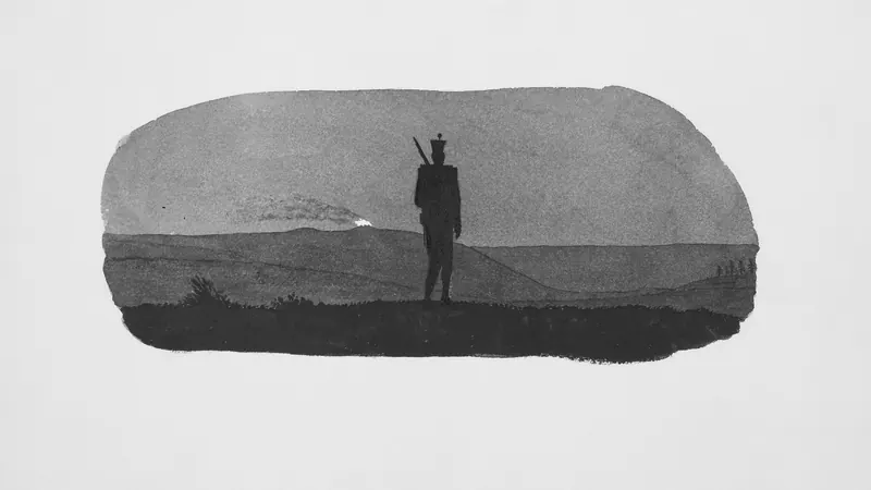 A black and white drawing of a man standing on a hill by Birmingham Museums Trust