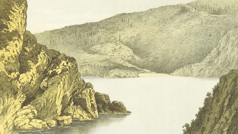 Grayscale photo of mountain near body of water by British Library