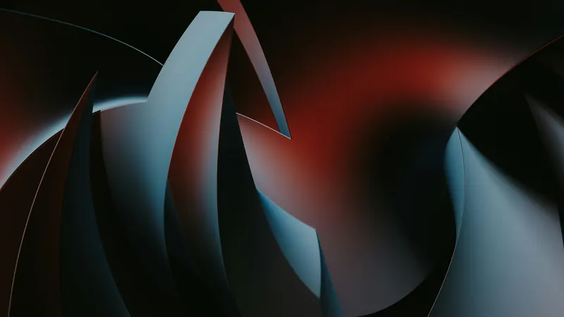 Curved blue and black abstract shapes against a dark red background by Pawel Czerwinski