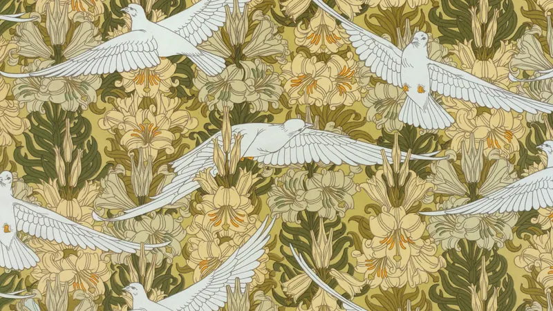 White doves flying against a floral patterned background by The New York Public Library