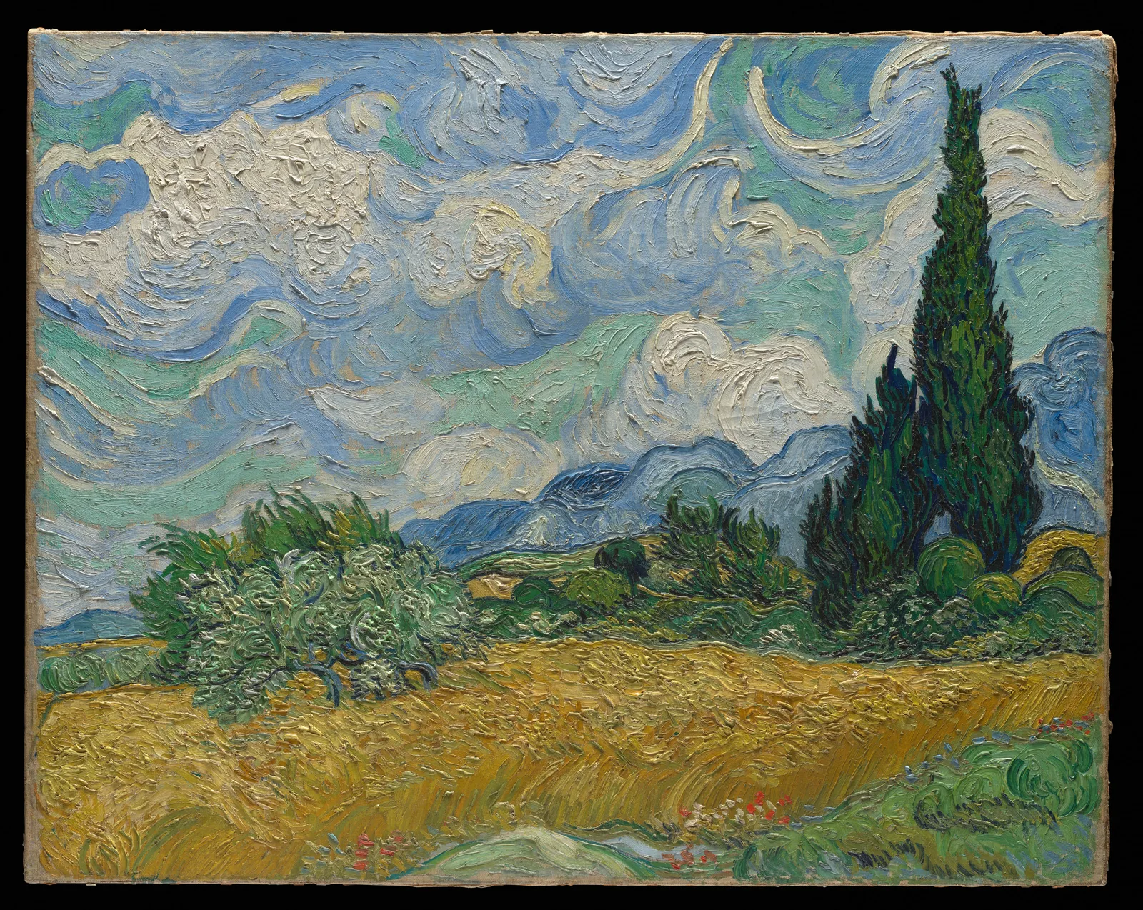 Vincent van Gogh, Wheat Field with Cypresses, with the part shown on a television outlined