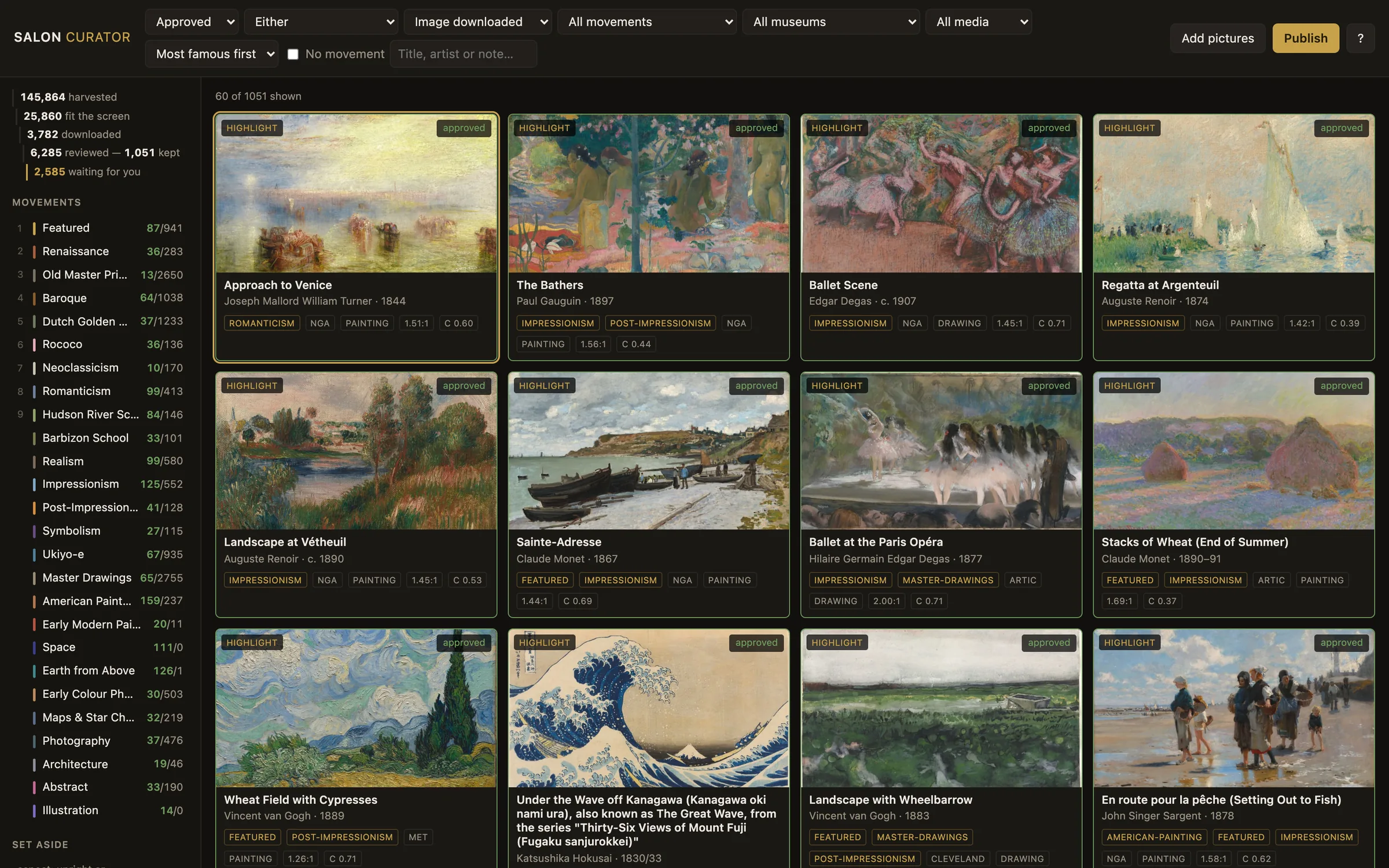 The curation tool. Every tile is the 16:9 crop the television will show, not the whole picture.