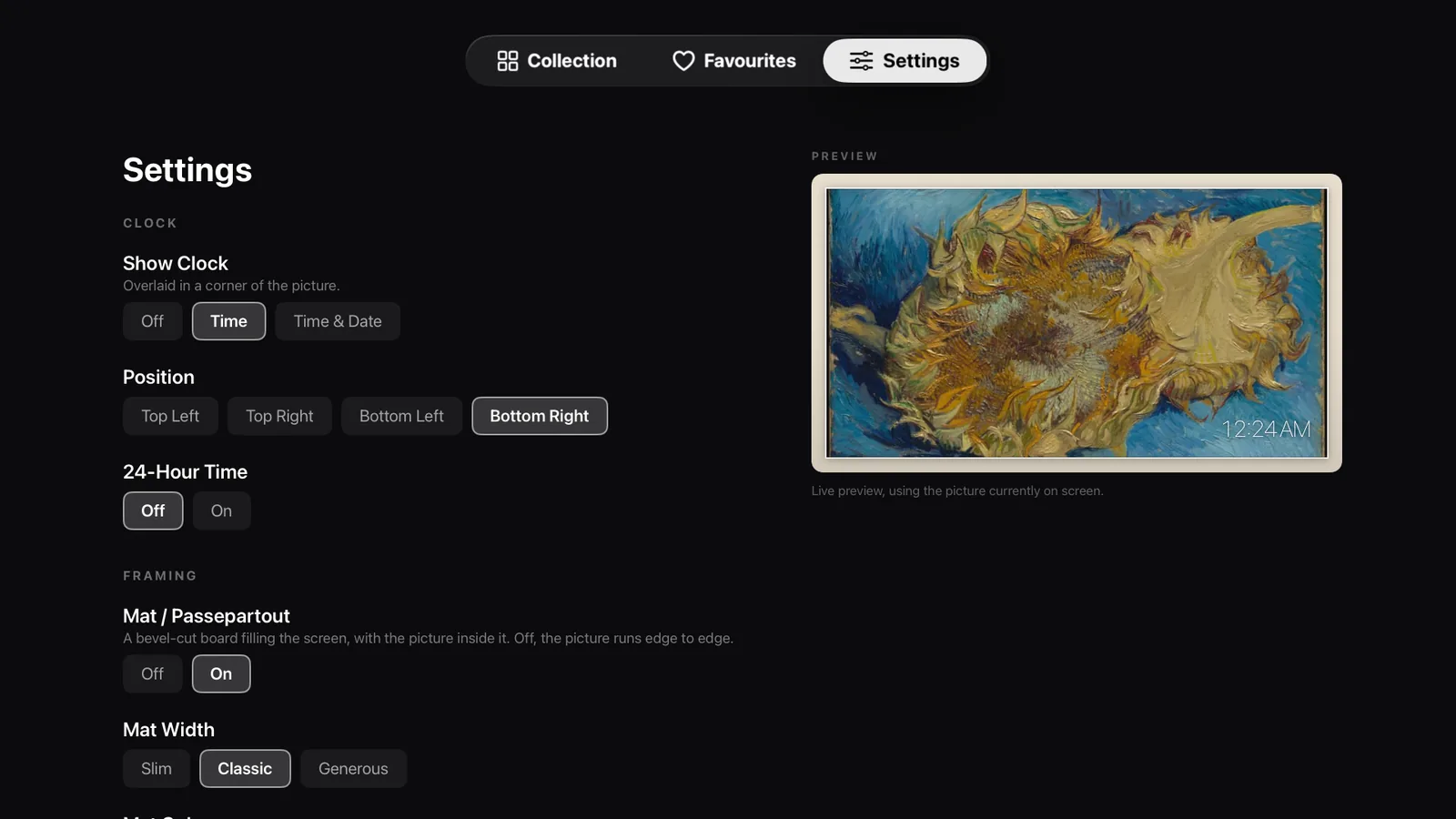 Clock and framing settings, with a live preview of the result